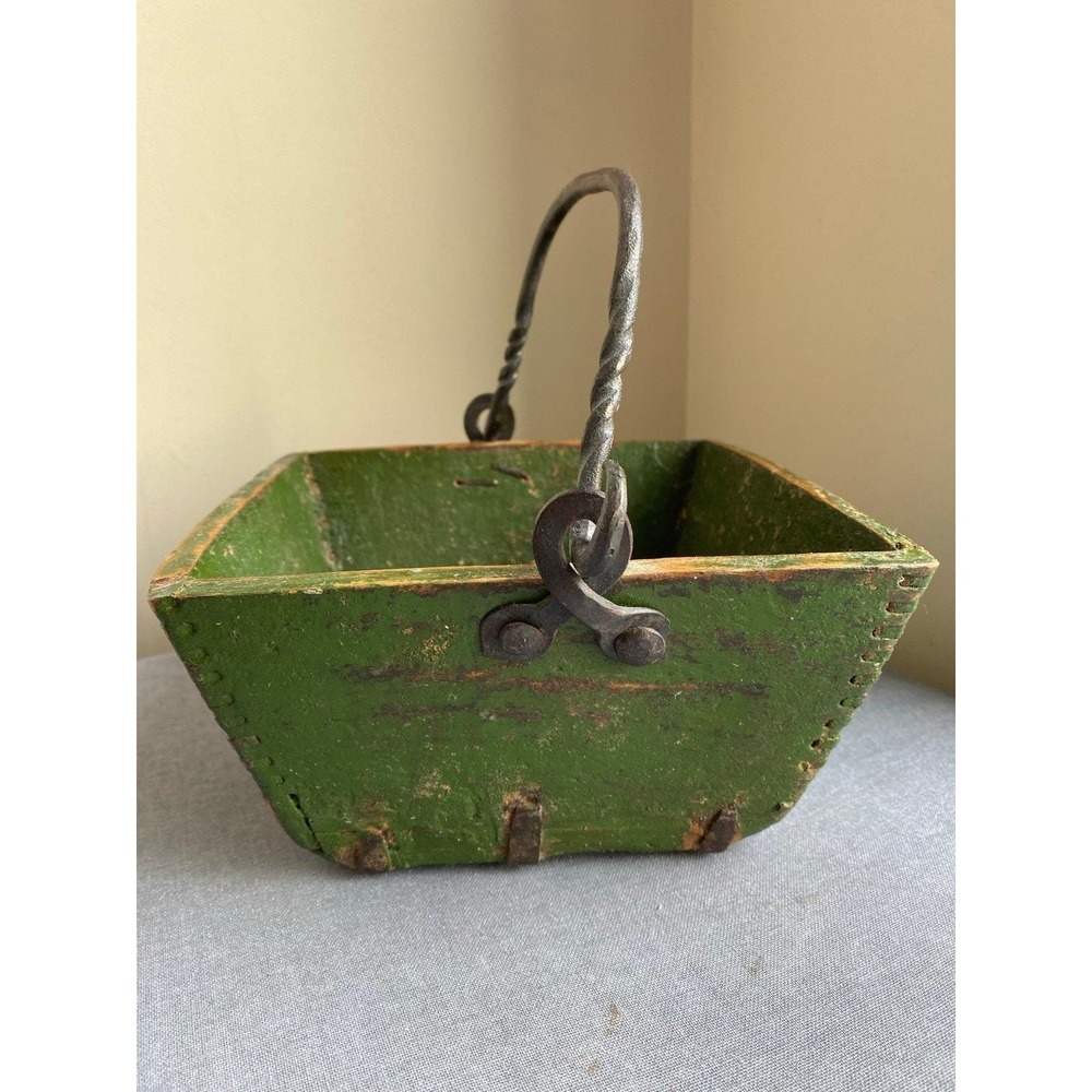 Antique Berry Basket Wood Iron Metal Dovetailed Primitive Heritage Box